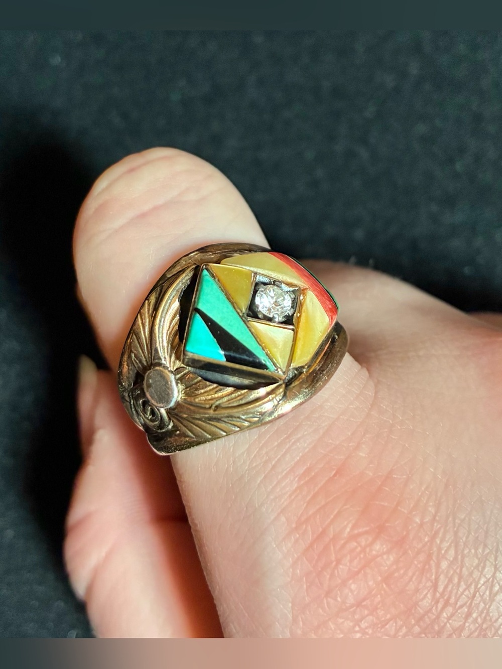 Vintage unsigned Navajo 1/20 12KT GF Sterling Silver Inlay Turquoise MOP Ring